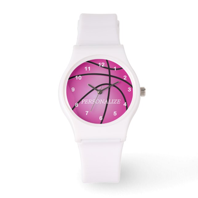 Reloj De Pulsera Baloncesto rosa deportivo | Nombre DIY (Anverso)