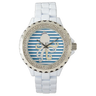 Reloj De Pulsera Banda horizontal azul y blanca del pulpo