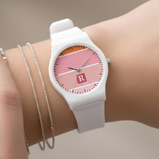 Reloj De Pulsera Bandas en rosa, blanco y naranja con Monograma