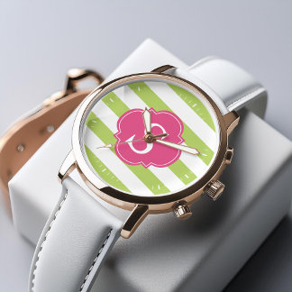 Reloj De Pulsera Bandas horizontales verdes y rosas monograma