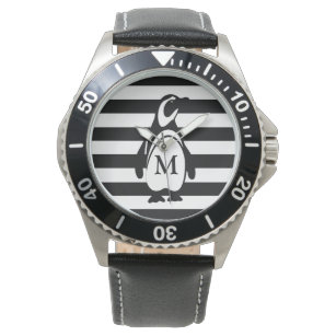 Reloj De Pulsera Bandas negras y blancas pingüino Monograma moderno