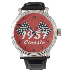 Reloj De Pulsera Bandera a cuadros retro clásica de 1957 en blanco