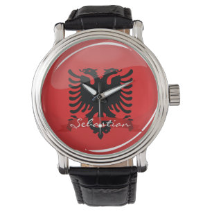Reloj De Pulsera Bandera albanesa redonda brillante