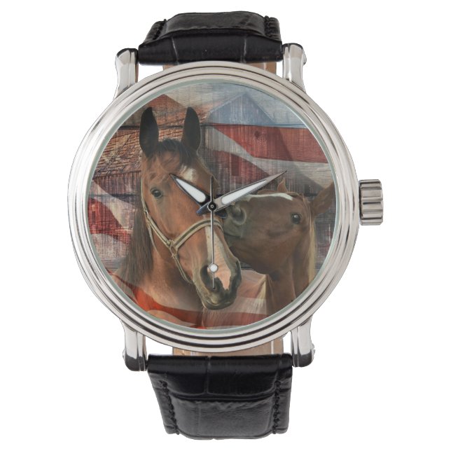 Reloj De Pulsera Bandera Americana Granero Rústico Caballo (Anverso)