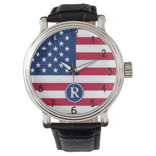 Reloj De Pulsera Bandera Americana Personalizada con Monograma