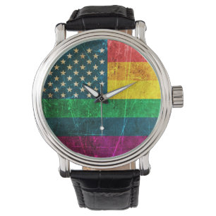 Reloj De Pulsera Bandera americana rasguñada del arco iris del
