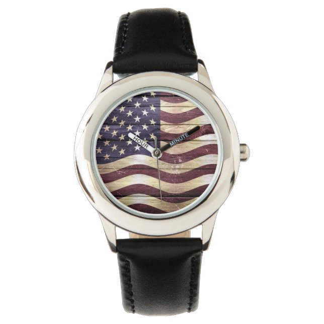 Reloj De Pulsera Bandera Americana Vintage Wood (Anverso)