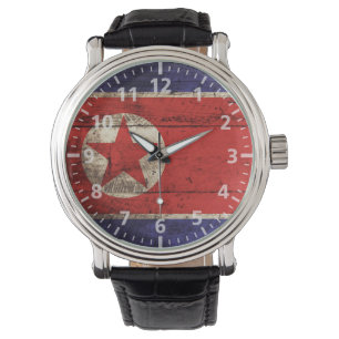 Reloj De Pulsera Bandera de Corea del Norte en grano de vieja mader