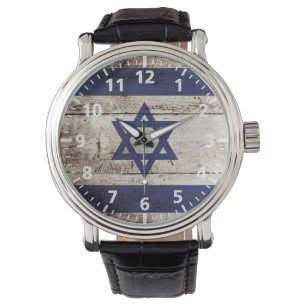 Reloj De Pulsera Bandera de Israel en grano de madera viejo