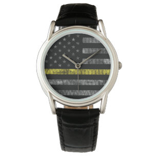 Reloj De Pulsera Bandera de la línea amarilla delgada de Dispatcher