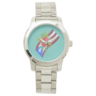 Reloj De Pulsera Bandera de Puerto Rico con flor de maga boricua