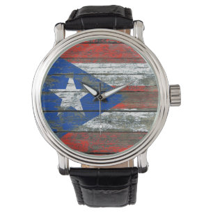 Reloj De Pulsera Bandera de Puerto Rico sobre tablas de madera dura
