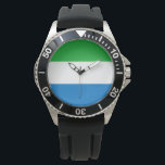 Reloj De Pulsera Bandera de Sierra Leona<br><div class="desc">Este diseño presenta la bandera nacional de Sierra Leona (conocida oficialmente como la República de Sierra Leona y conocida informalmente como Salone), que es un país en la costa suroeste de África Occidental. Sierra Leona está rodeada por Liberia al sudeste y Guinea al noreste. El país de Sierra Leona tiene...</div>