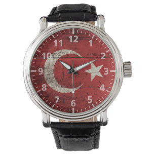Reloj De Pulsera Bandera de Turquía en grano de madera viejo