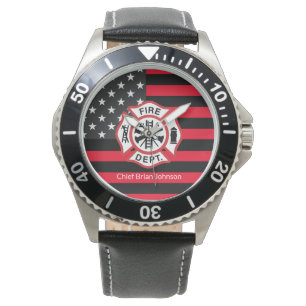 Reloj De Pulsera Bandera del bombero de la línea roja delgada