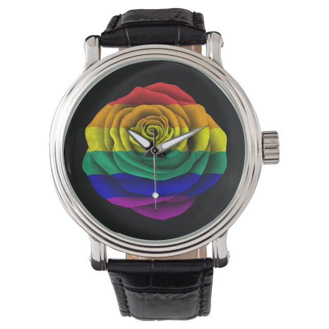 Reloj De Pulsera Bandera del orgullo gay arcoiris en negro (Anverso)