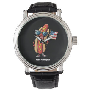 Reloj De Pulsera Bandera estadounidense curiosa Hotdog Gafas de sol