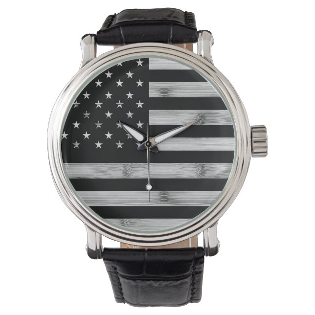 Reloj De Pulsera Bandera estadounidense Rustic Wood Black White Pat (Anverso)