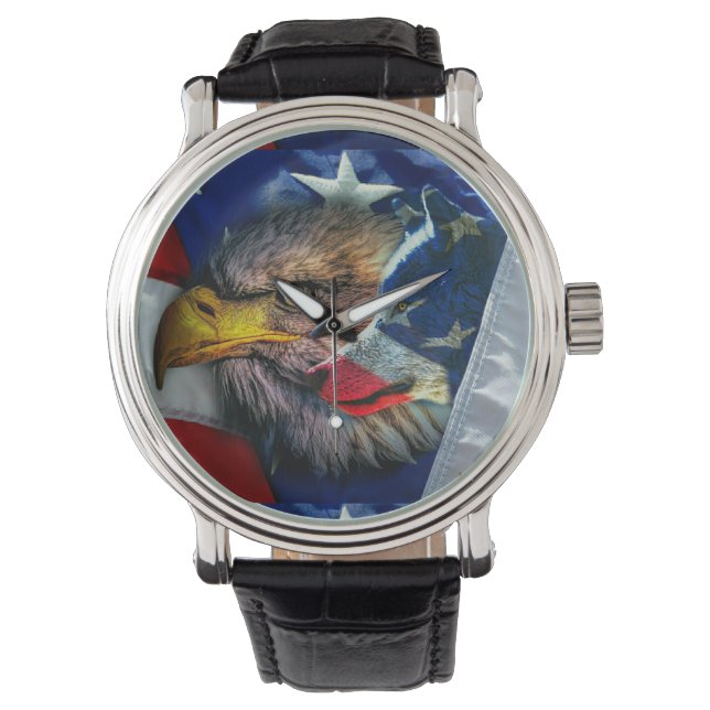 Reloj De Pulsera Bandera Patriótica Americana Bald Eagle Wolf (Anverso)