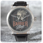 Reloj De Pulsera Barbería personalizada Hipster Skull y Razors<br><div class="desc">Barber Shop de Hipster Skull y Razors,  con esqueleto de hipster barbudo y diseño recto de afeitar. Personalizar con su nombre o texto Personalizado.</div>