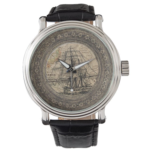 Reloj De Pulsera Barco Antiguo y Mapa (Anverso)