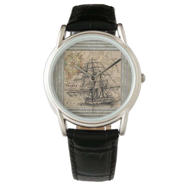 Reloj De Pulsera Barco Antiguo y Mapa (Anverso)