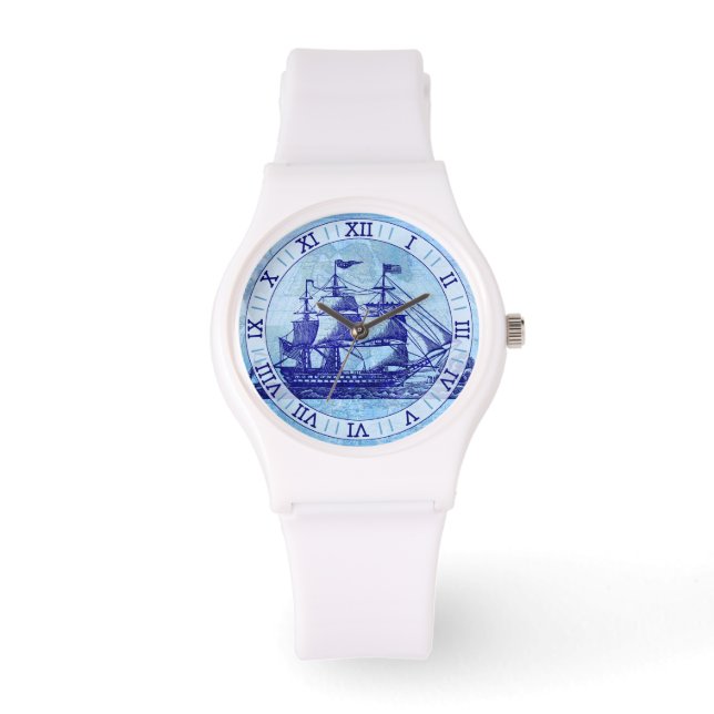 Reloj De Pulsera Barco antiguo y mapa marinero azul náutico (Anverso)