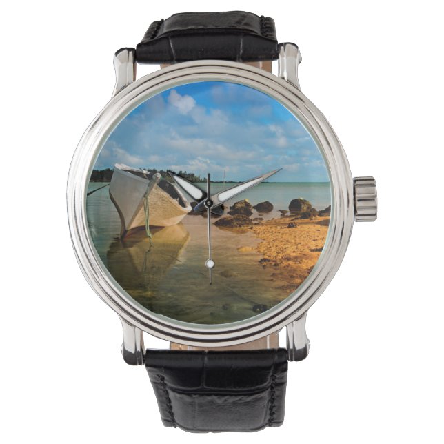 Reloj De Pulsera Barco De Pesca En La Playa De Mauricio Con Islet (Anverso)