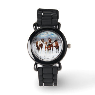 Reloj De Pulsera Bay Pinto Pintando Caballos En Nieve De Invierno