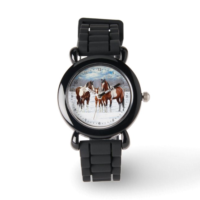 Reloj De Pulsera Bay Pinto Pintando Caballos En Nieve De Invierno (Anverso)