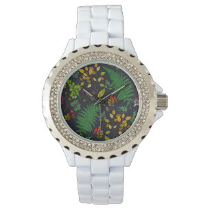 Reloj De Pulsera Bayas forestales, hojas y bichos en negro de grafi