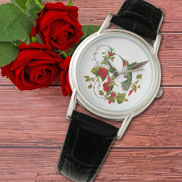 Reloj De Pulsera Beautiful Hummingbird and Red Roses