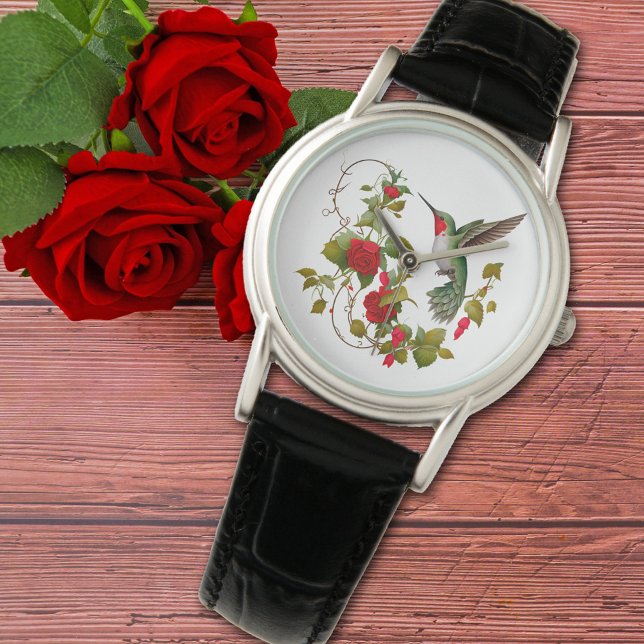Reloj De Pulsera Beautiful Hummingbird and Red Roses (Subido por el creador)