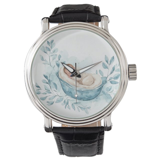 Reloj De Pulsera Bebé durmiendo en cuna azul (Anverso)