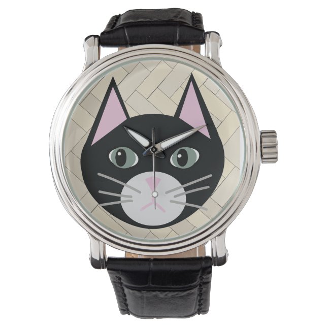 Reloj De Pulsera Beige de Herringbone de gato negro (Anverso)