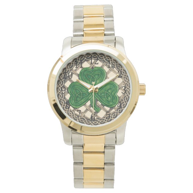 Reloj De Pulsera Beige Shamrock en nudos celtas mira (Anverso)