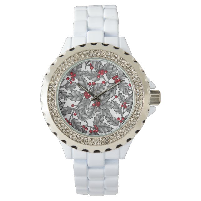 Reloj De Pulsera Berry holly, hojas grises en blanco (Anverso)