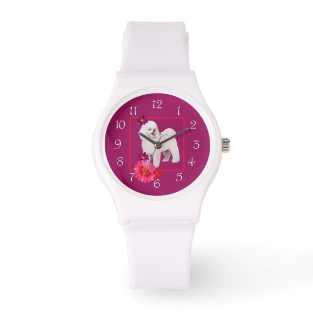 Reloj De Pulsera Bichon Frise Diversión Floral (Anverso)
