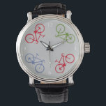 Reloj De Pulsera bicicleta , bicicleta ; ciclismo / ciclismo<br><div class="desc">Elegante diseño de bicicletas. Cuatro bicicletas en círculo. ¡Oye ciclista! Nunca llegues tarde al paseo en bicicleta - puedes editarlo ("botón personalizar") y cambiar el color de fondo</div>