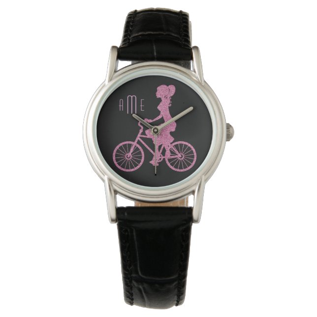 Reloj De Pulsera Bicicleta rosa en monograma negro (Anverso)