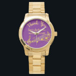 Reloj De Pulsera Billetes de oro morado del profesor de música de r<br><div class="desc">Un regalo de retiro simple y elegante para una profesora de música. Un fondo de color púrpura clásico con notas de música en oro falsas. Plantilla para un nombre,  y el texto: Gracias,  letras doradas. Gracias está escrito con una escritura de estilo con letras a mano moderna.</div>