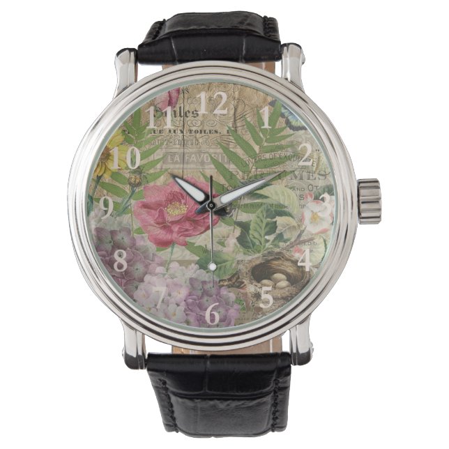 Reloj De Pulsera Bird Nest Floral Jardín Flor Mariposa Arte (Anverso)