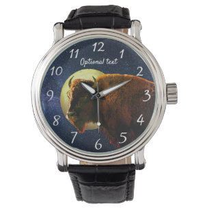 Reloj De Pulsera Bison americano, luna llena y noche estrellada
