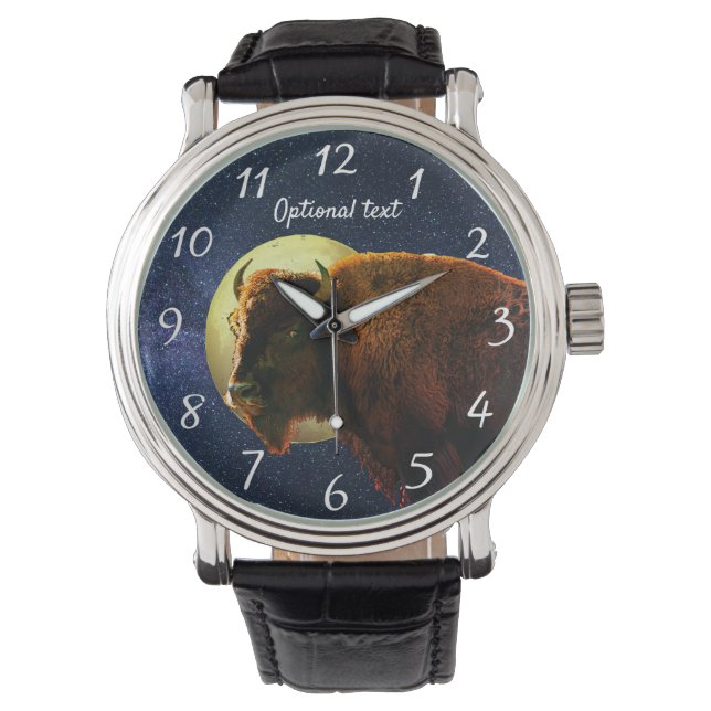 Reloj De Pulsera Bison americano, luna llena y noche estrellada (Anverso)