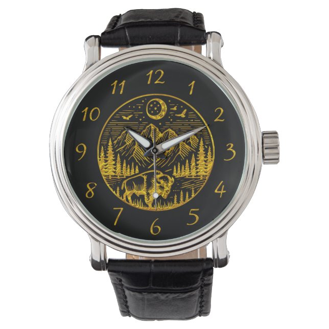Reloj De Pulsera Bison Gold Roaming bajo un cielo de montaña ilumin (Anverso)