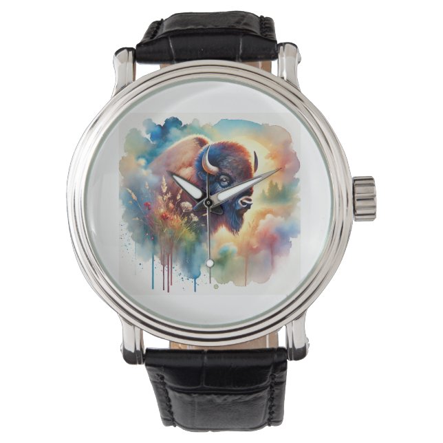 Reloj De Pulsera Bison in the Wild 010824AREF128 - Watercolor (Anverso)
