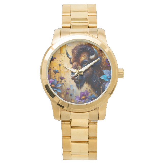 Reloj De Pulsera Bisonte Americano en retrato de flor texturizada (Anverso)