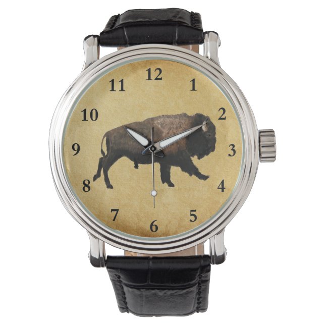 Reloj De Pulsera Bisonte Galopante Sobre Papel Viejo (Anverso)