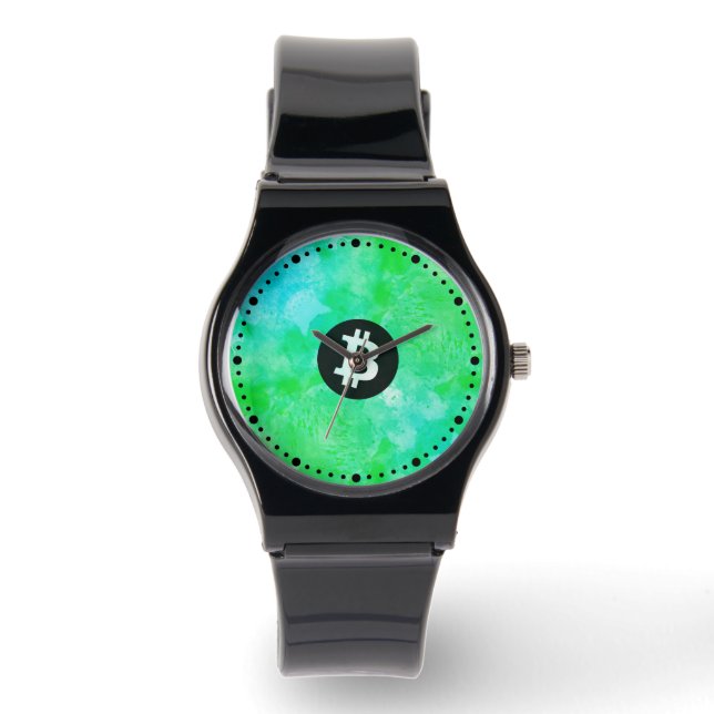 Reloj De Pulsera Bitcoin Acuarela (Estilo $ - Green Day) (Anverso)