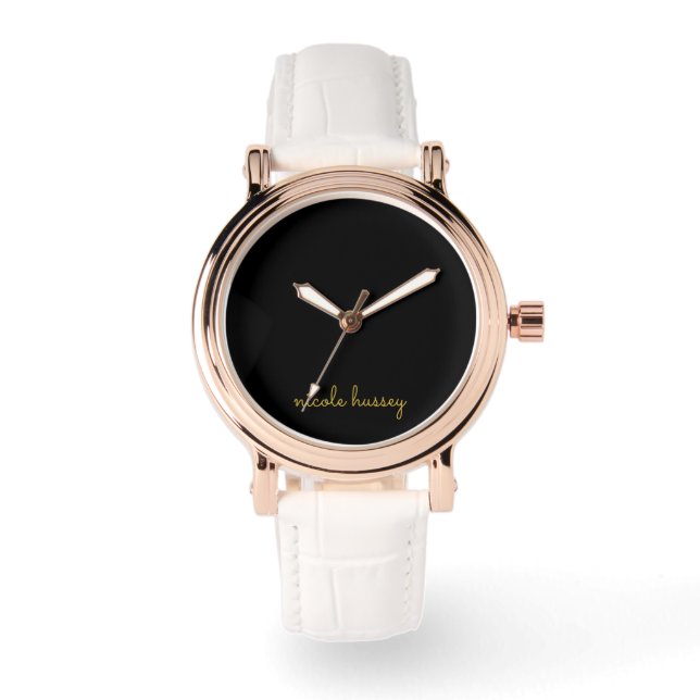 Reloj De Pulsera Black and Gold Script  | Stylish Monogram Modern (Anverso)